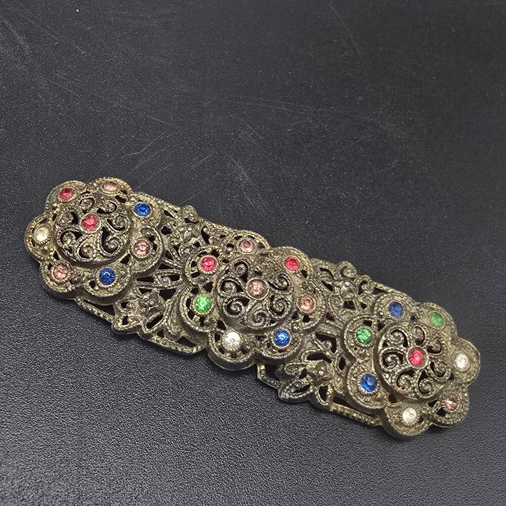 Vintage Czech Glass Rhinestone Filigree Brooch Colorful